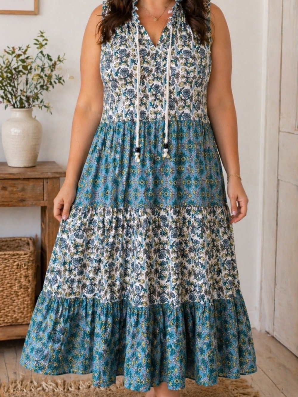 Chelsea & Theodore Boho Tiered Dress 2X Blue Floral Tassel Cotton